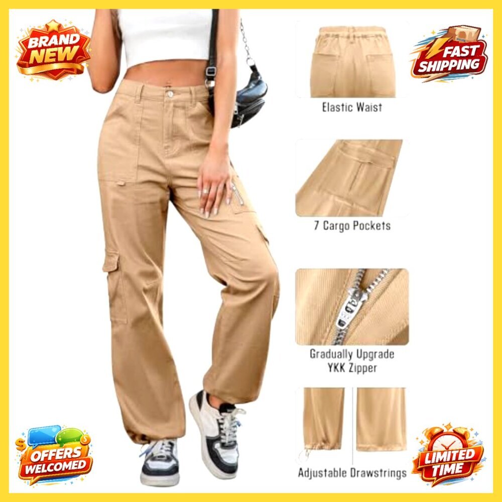 High Waist Wide Leg Cargo Pants with 7 Pockets Stretchy Drawstring Baggy - Picture 4 of 7